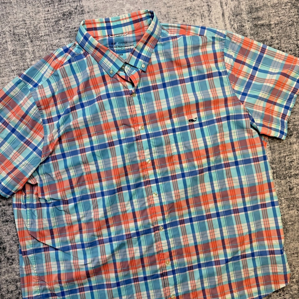 Vineyard Vines On The Go Performance Shirt Mens 2XB Blue Plaid Preppy OTG Travel
